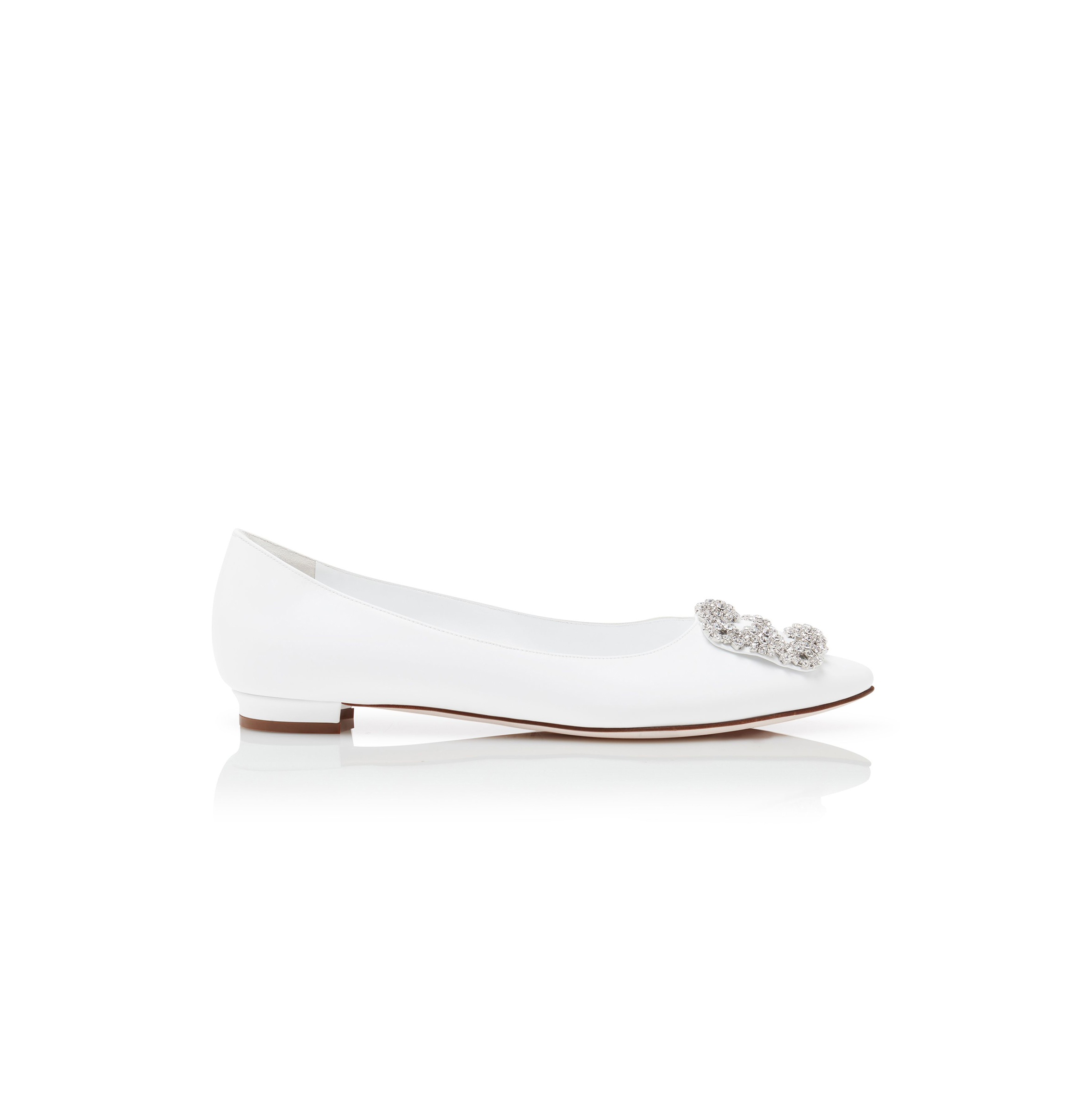 MANOLO BLAHNIK HANGISIFLATU WHITE CALF LEATHER JEWEL BUCKLE FLAT PUMPS 121-1438-0001